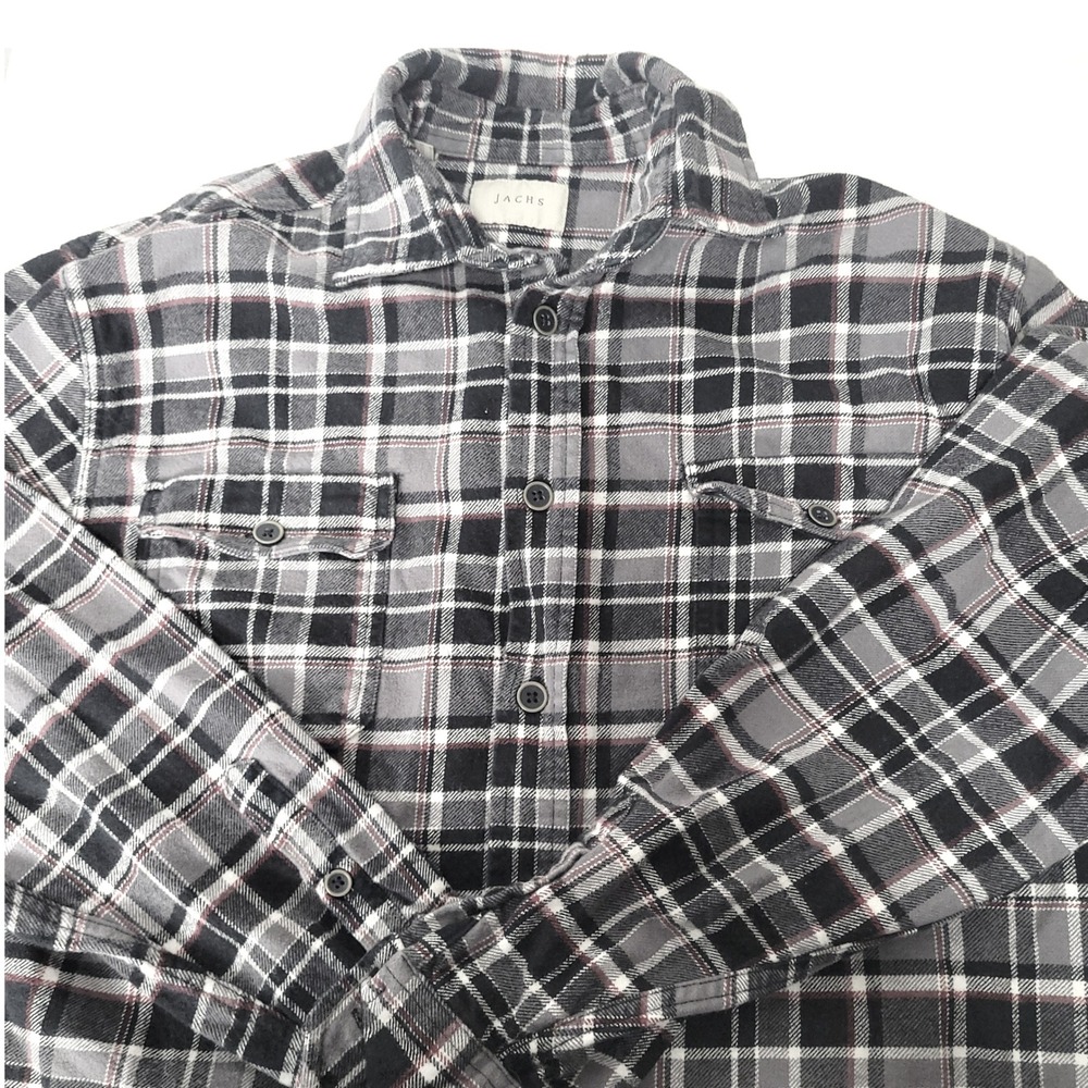 Jachs Mens Large Flannel Button Down Shirt Black White Grey burgundy Long Sleeve